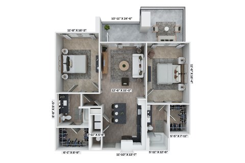 A floor plan of a house with a kitchen, living room, and two bedrooms.